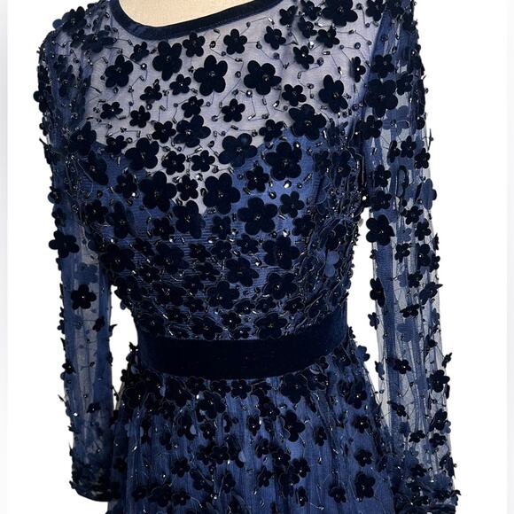 *Mac Duggal Navy Embellished Illusion High Neck Long Sleeve Fit Flare Dress – Sz - Picture 9 of 10